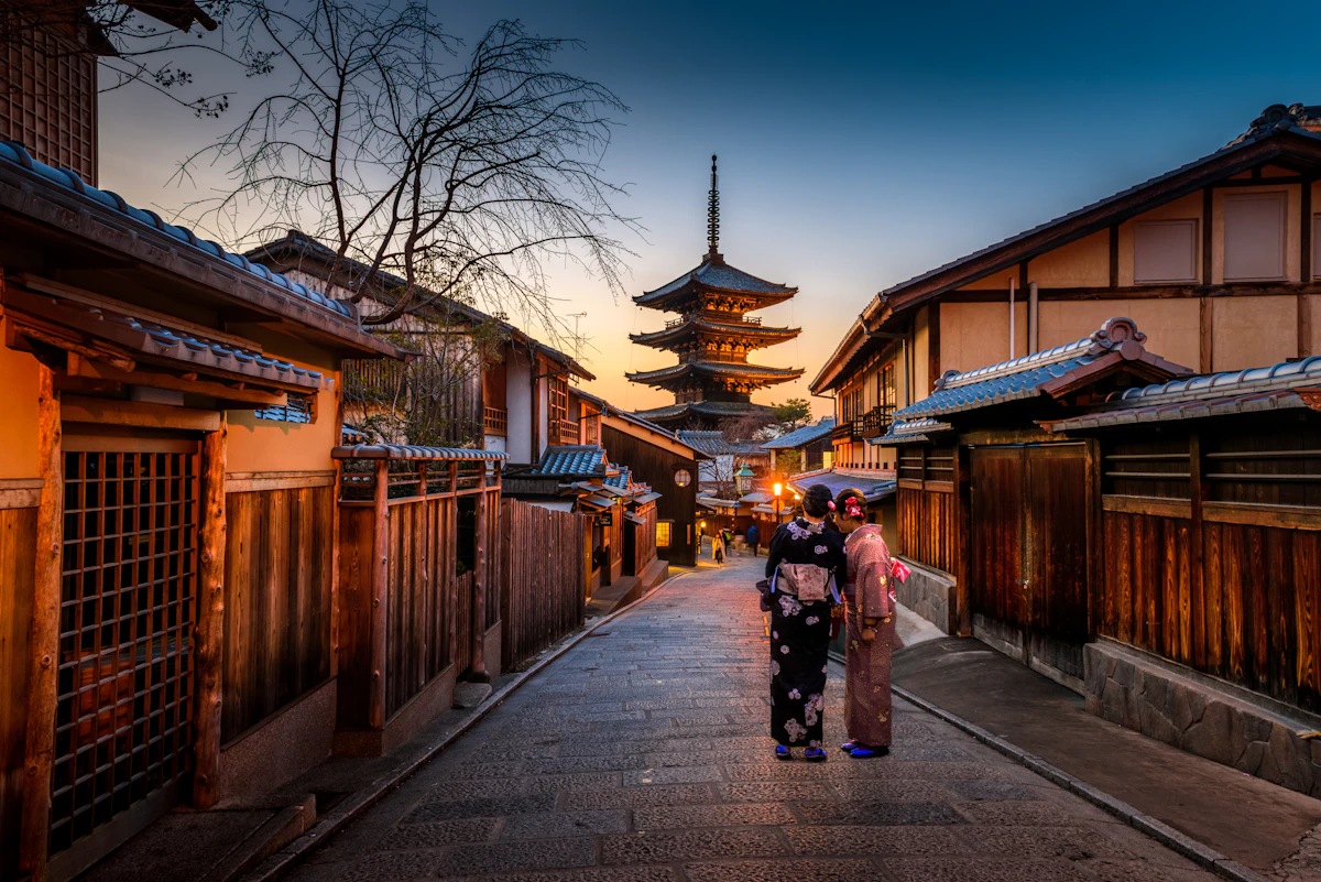 A traditional Kyoto street at dusk